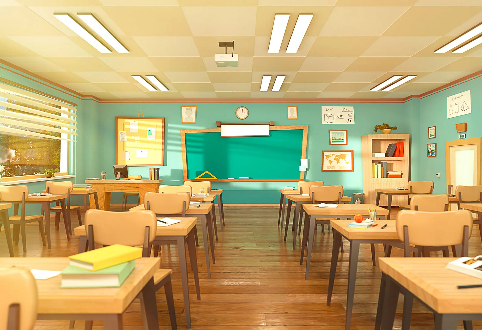 Ein Klassenzimmer mit Tischen, Stühlen und einer Kreidetafel